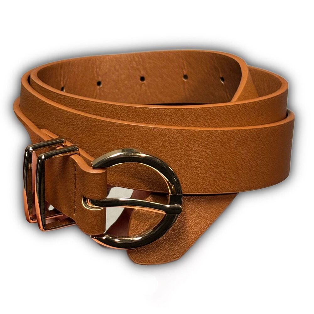 Cognac Faux Leather Belt with Gold-Tone Hardware